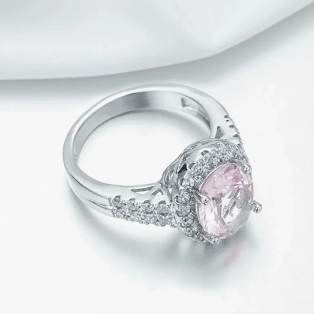 925 Sterling Silver Luxury Pink Crystal Shiny Rhinestone Ring Jewelry En… - Picture 3 of 5